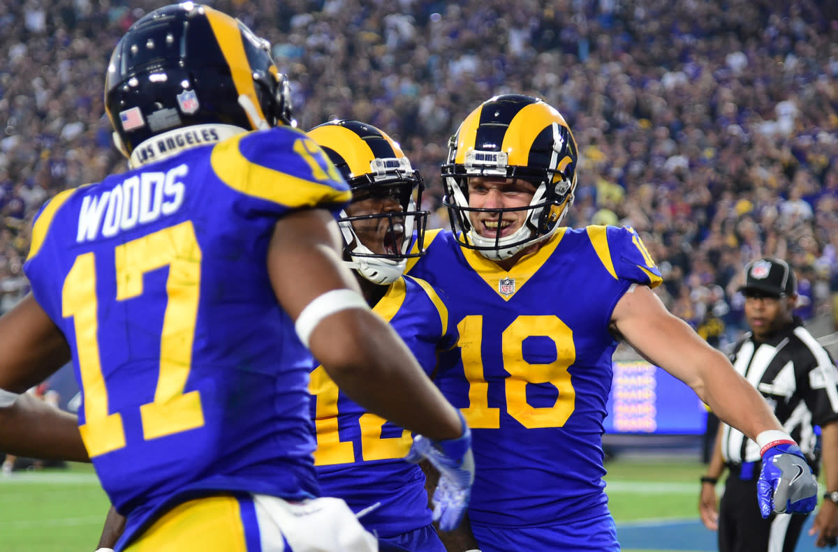 Los Angeles Rams wide receiver Robert Woods (17) celebrates with fellow receivers Cooper Kupp (18) and Brandin Cooks (12) after catching a touchdown pass in the third quarter against the Minnesota Vikings in 2018.